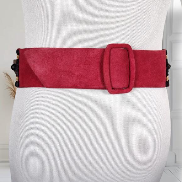 Vintage 80s Southwestern Wide Suede Belt V Front Beaded Santa Fe M main image 9